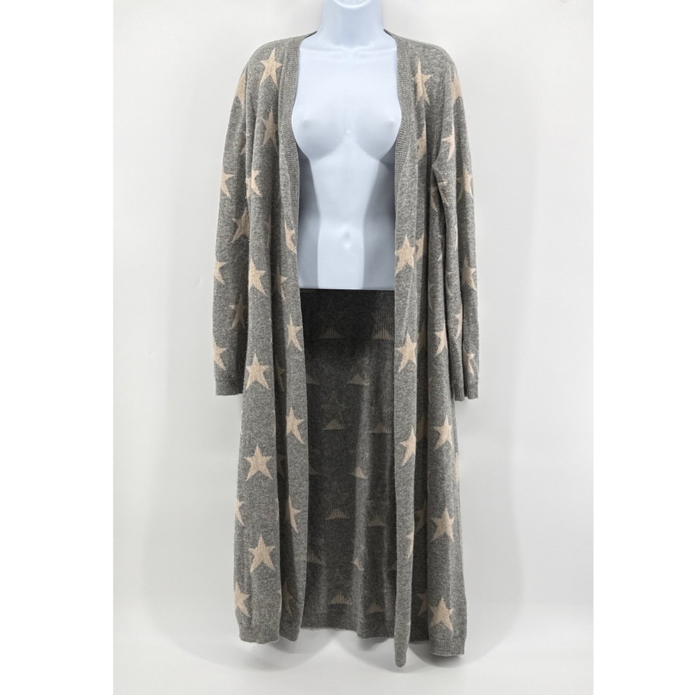 Neiman Marcus 100% Cashmere Star Duster Cardigan Sweater Small Long Grey Beige